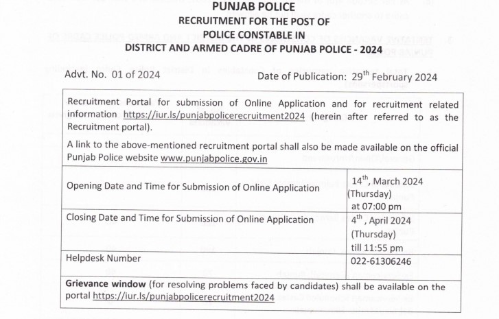 Punjab Police Recruitment 2024:10वीं और 12वीं पास युवाओं के लिए सुनहरा मौका पंजाब पुलिस के1800 कॉन्स्टेबल पदों पर भर्ती शुरू